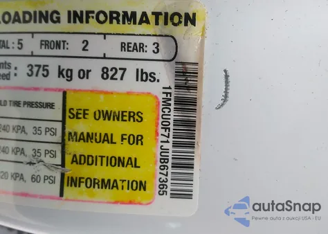 2018 Ford Escape S z USA, uszkodzony, nr VIN 1FMCU0F71JUB67365
